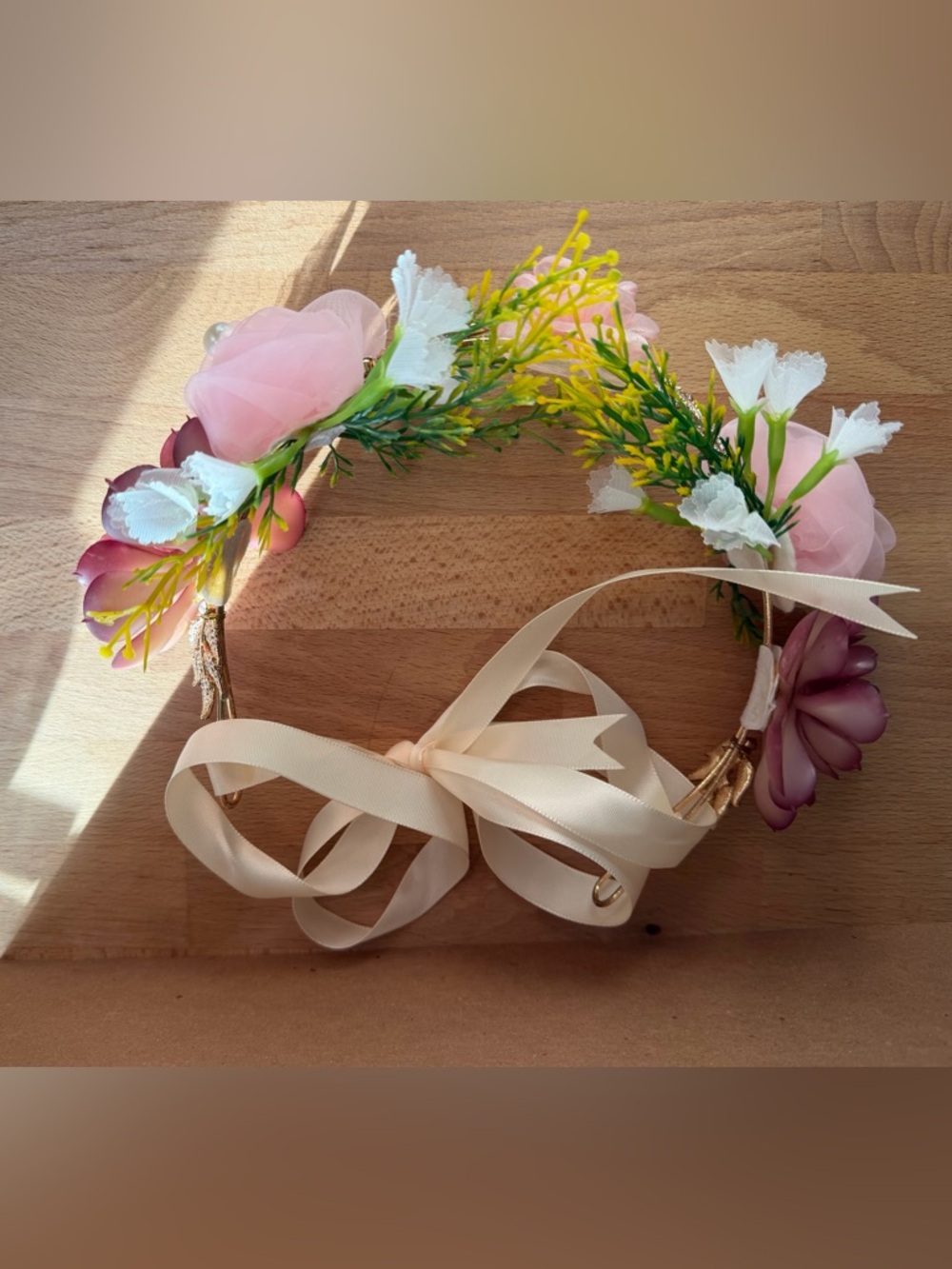 Floral Ribbon Crown Adjustable Headband with Satin Ribbon Tie - Pink White Mauve